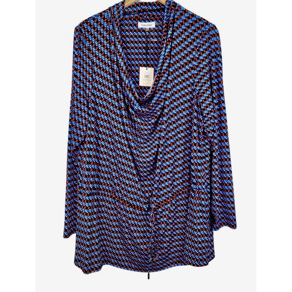 Calvin Klein Blue Red Combo Jersey Cowl Neck Blouse Tunic Top Women’s 1X New $80